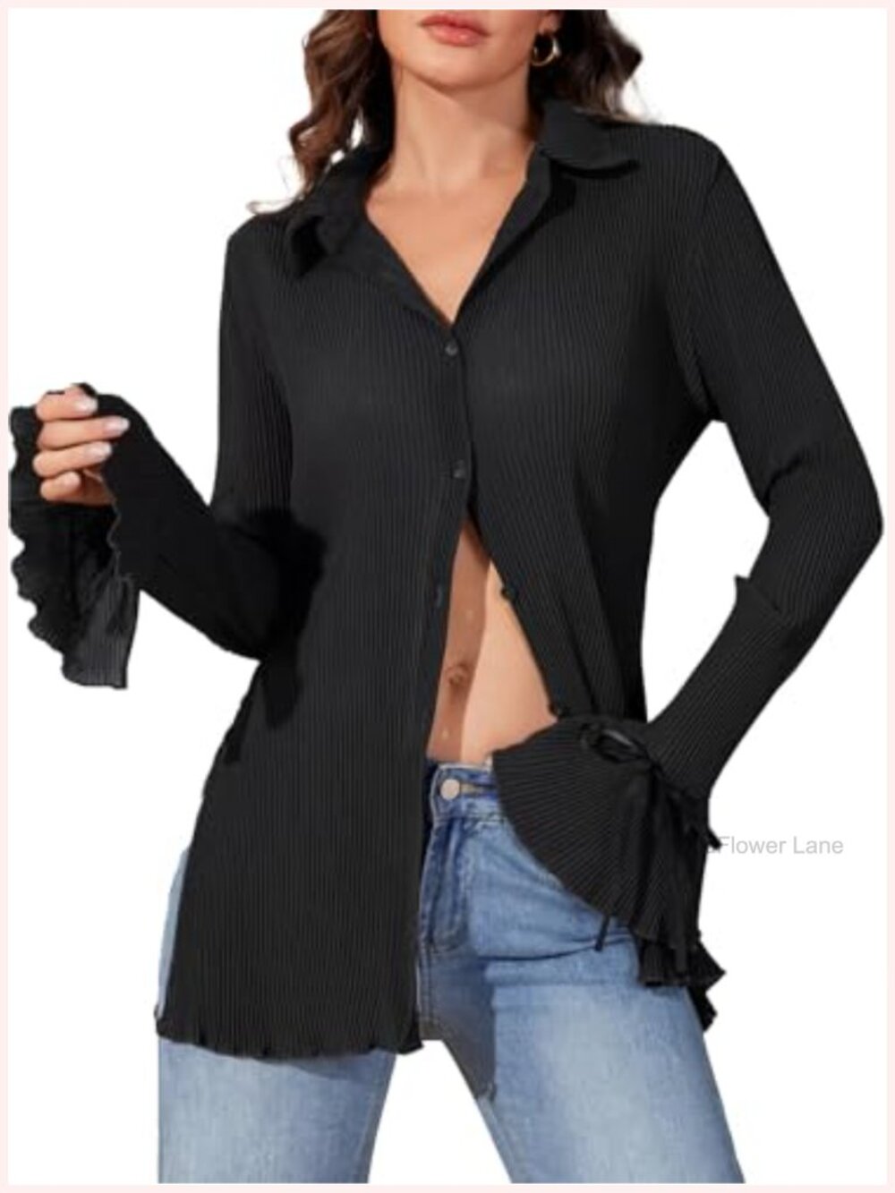 Women's Long Sleeve Bell Sleeve Blouse Button Down V-Neck Shirt